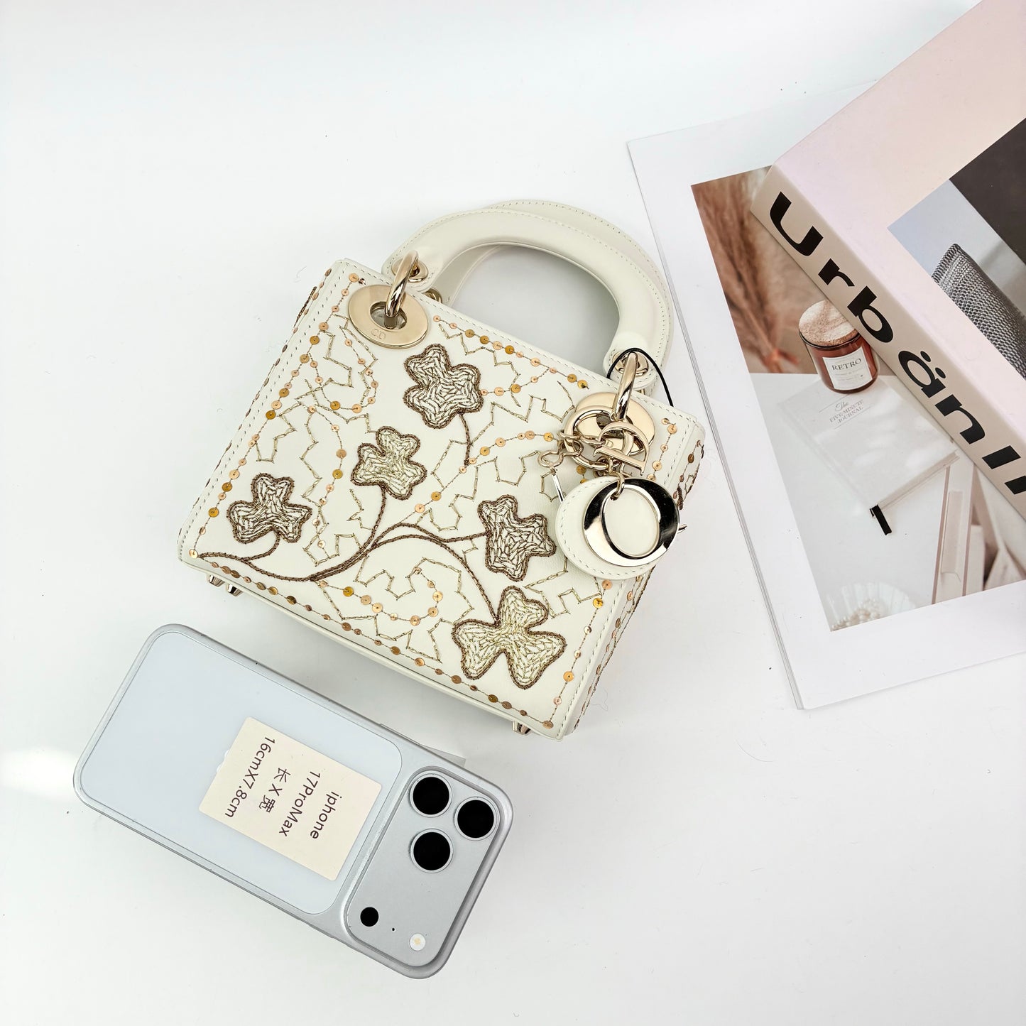 Mini Lady Dior Bag, White Calfskin with Gold Clover Embroidery & Sequins, Gold Hardware