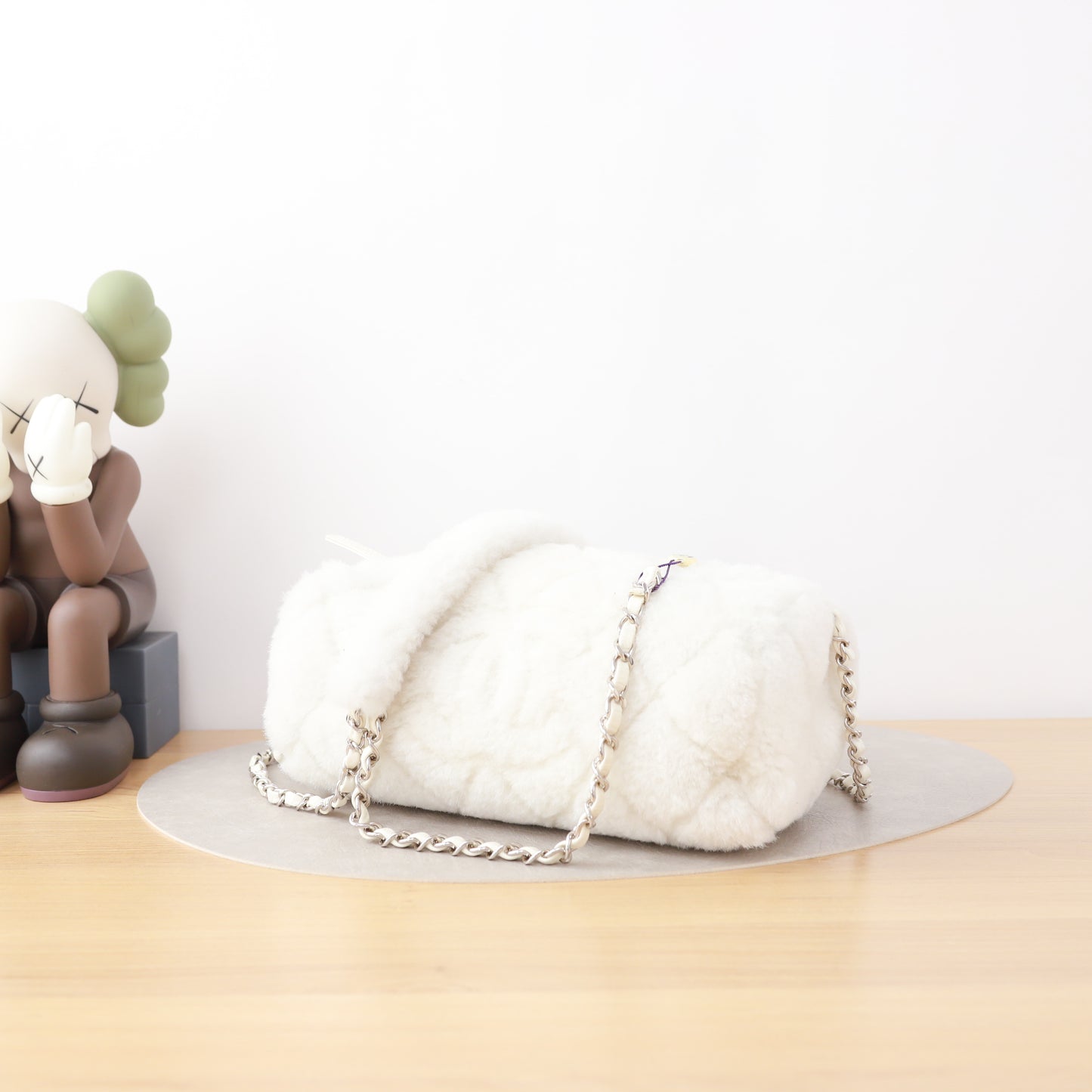Chanel Coco Neige Bowling Bag, 23N Collection, White Shearling Fur, Silver-tone Interlocking CC Hardware with Chain Strap