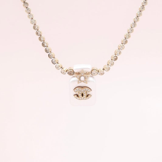 Chanel Perfume Bottle Pendant Necklace, Crystal & Imitation Pearl, Gold-tone Metal Setting
