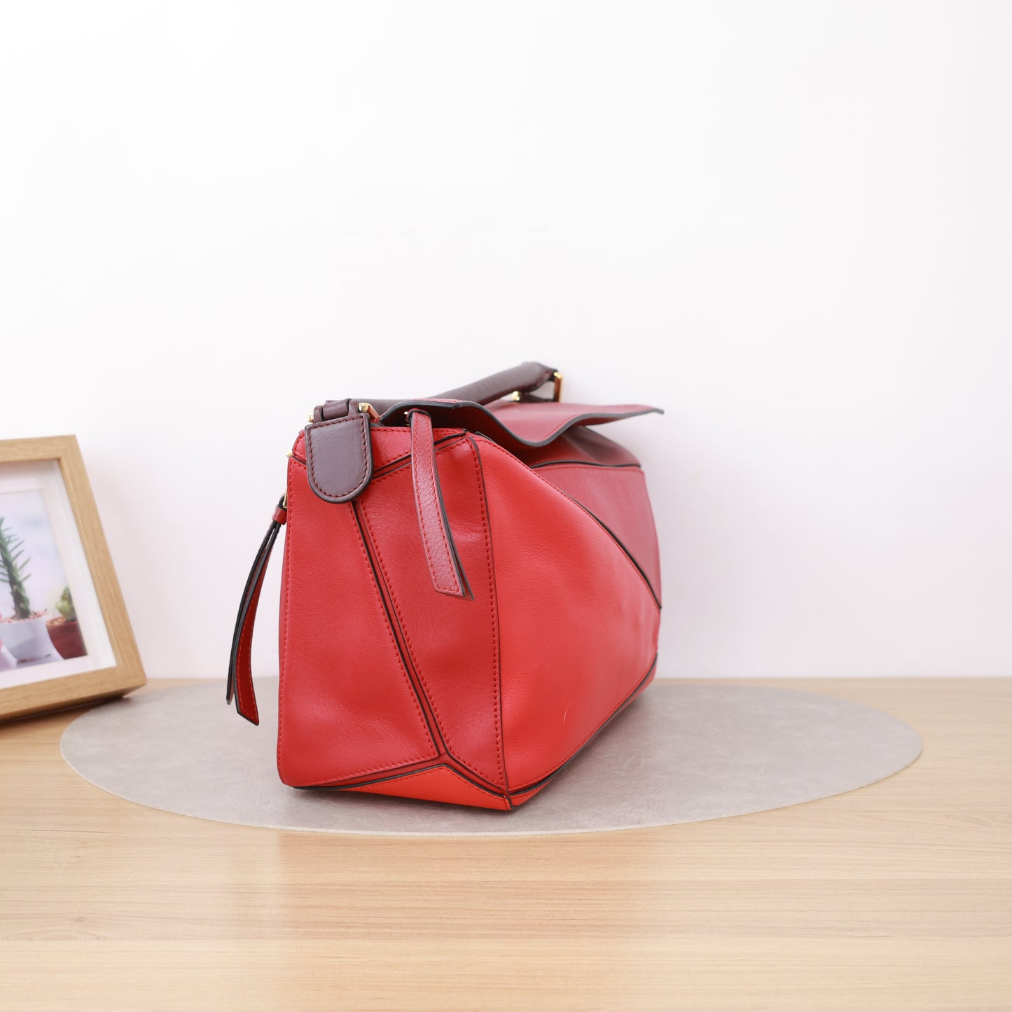 Loewe Medium Puzzle Edge Bag, Two-tone Red & Dark Brown Calfskin, Gold-tone Hardware, Top Handle with Detachable Crossbody Strap