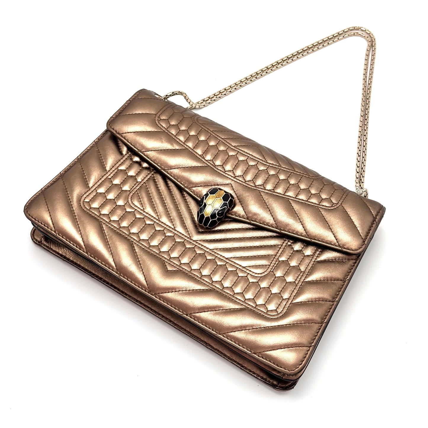 Bvlgari Medium Serpenti Forever Shoulder Bag, Metallic Gold Chevron Quilted Calfskin, Limited Edition Enamel Snake Head Clasp