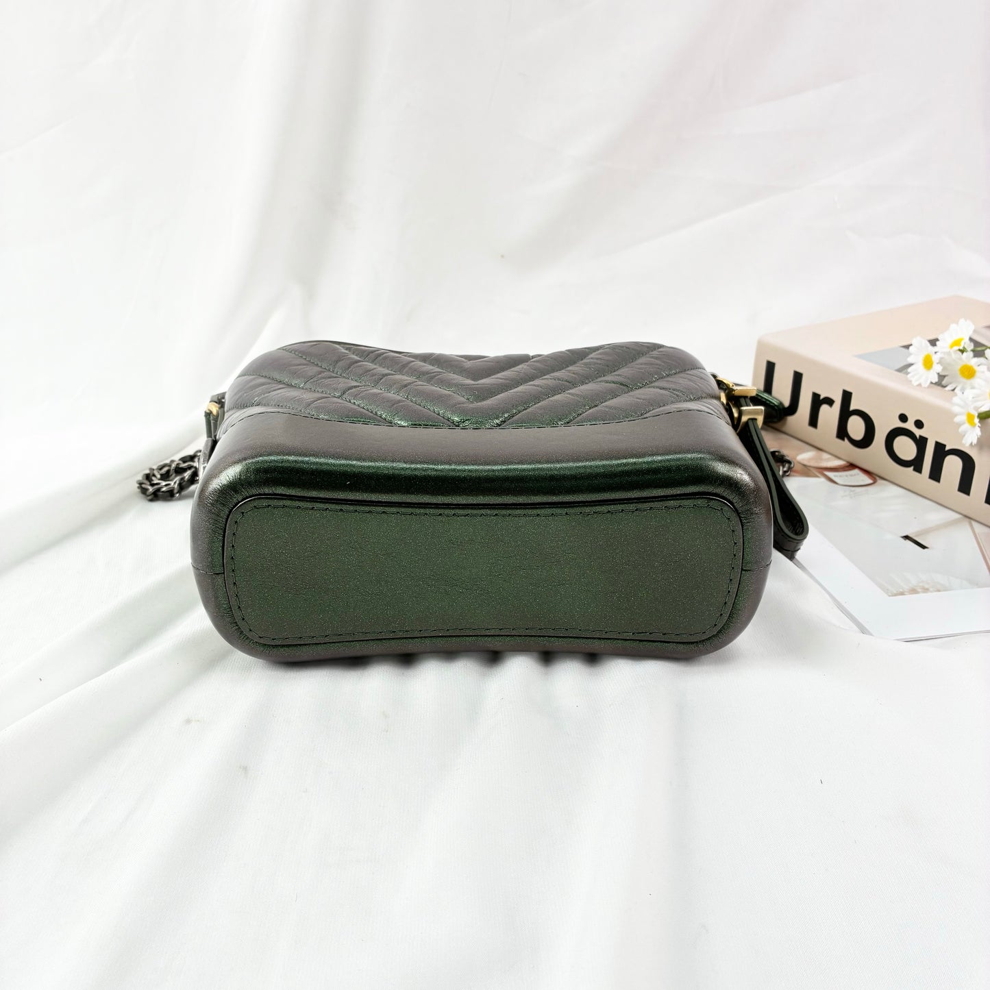 Chanel Small Gabrielle Hobo Bag, Metallic Dark Green Distressed Calfskin, Mixed Gold & Ruthenium Hardware