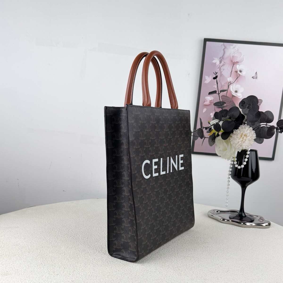 Celine Small Vertical Cabas Tote, Triomphe Monogram Coated Canvas & Calfskin Trim, Detachable Crossbody Strap