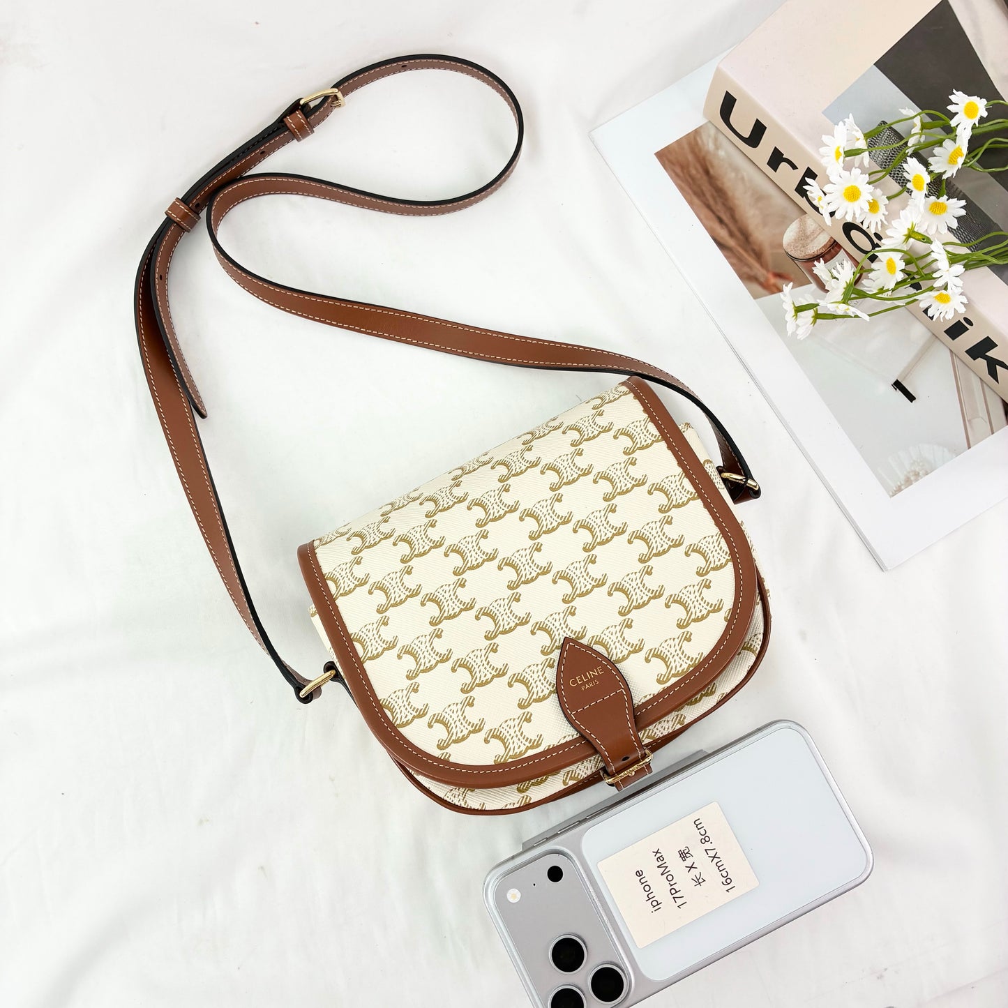Celine Medium Folco Saddle Crossbody Bag(White Triomphe)