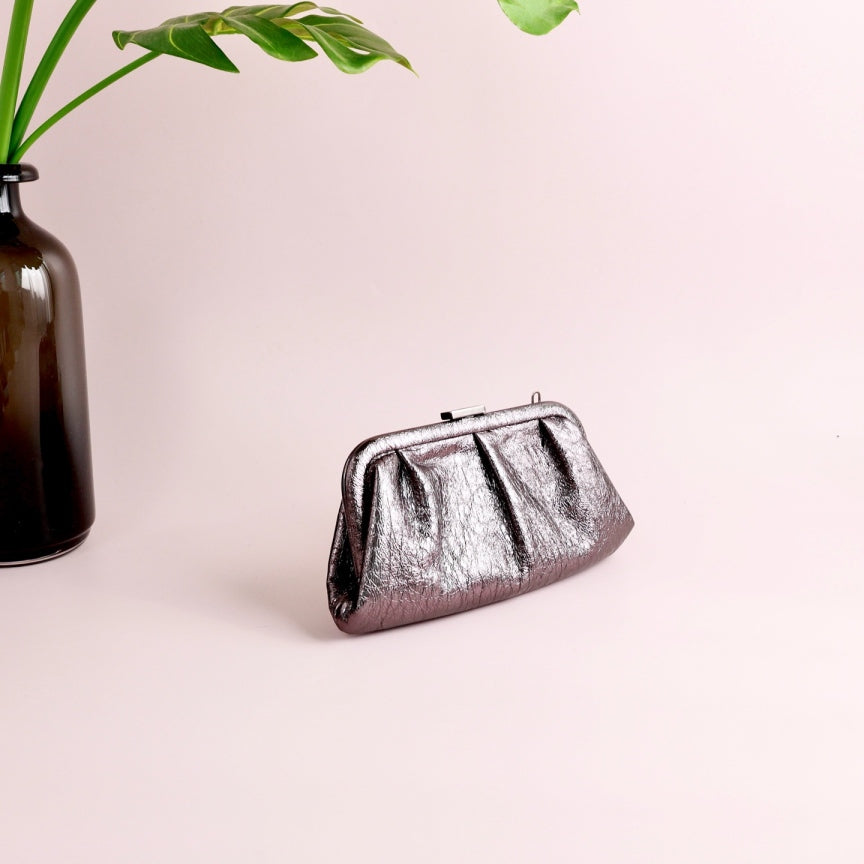 Balenciaga Cloud Clutch Crossbody Bag, Metallic Crackled Leather, White Logo Print with Detachable Leather Strap