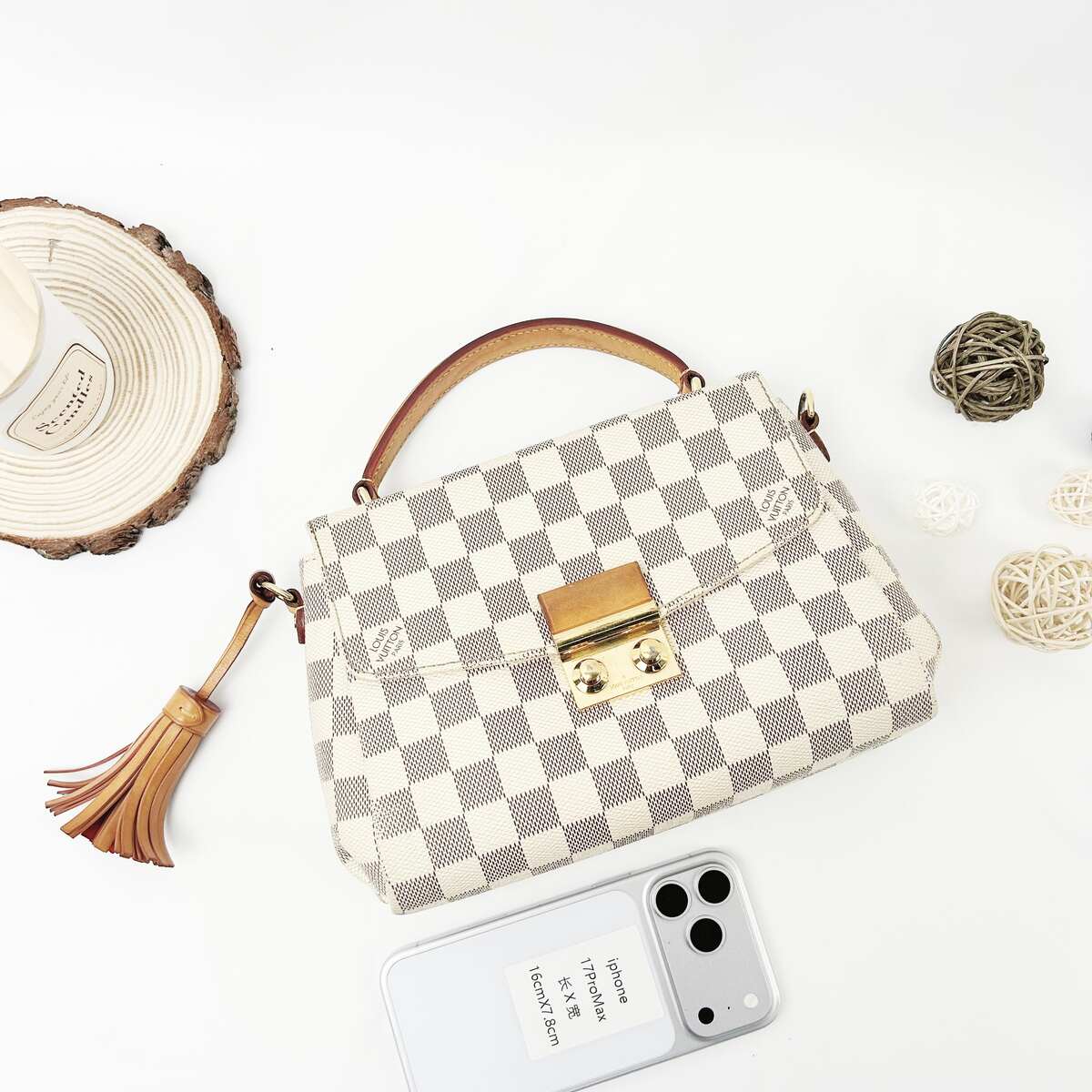 Louis Vuitton Croisette, Damier Azur Canvas, Natural Cowhide Trim with Tassel, Gold-tone Hardware