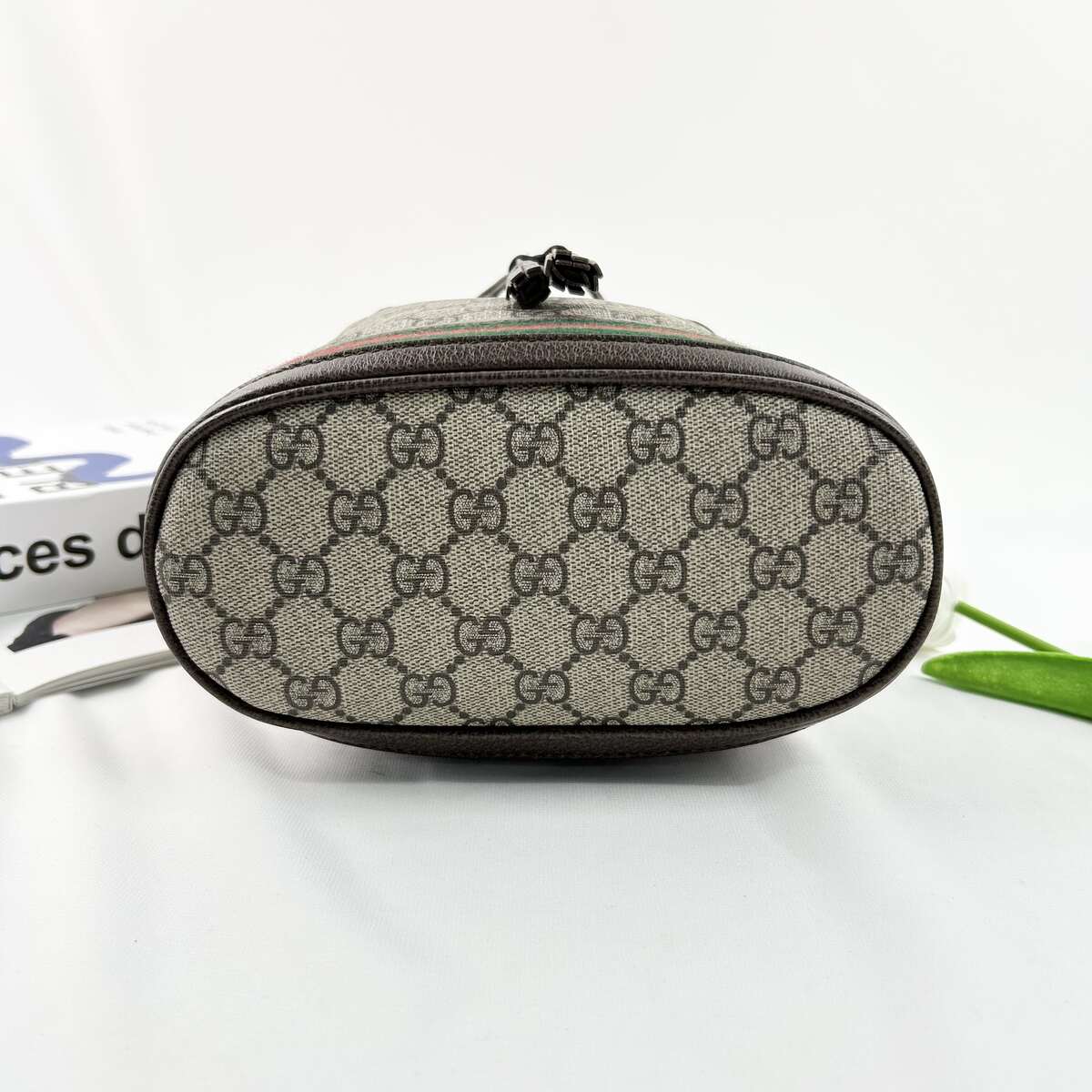 Gucci Ophidia Mini Bucket Crossbody Bag, GG Supreme Coated Canvas & Brown Leather Trim, Web Stripe Detail, Drawstring Closure with Detachable Shoulder Strap