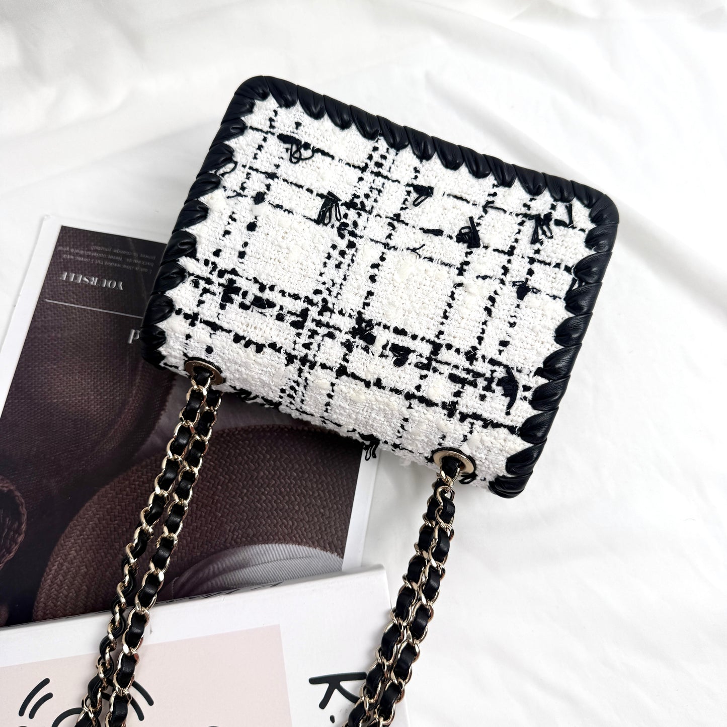 Chanel Classic Flap Mini, 22C Collection, Black & White Tweed with Braided Leather Trim, Gold-tone Interlocking CC Hardware