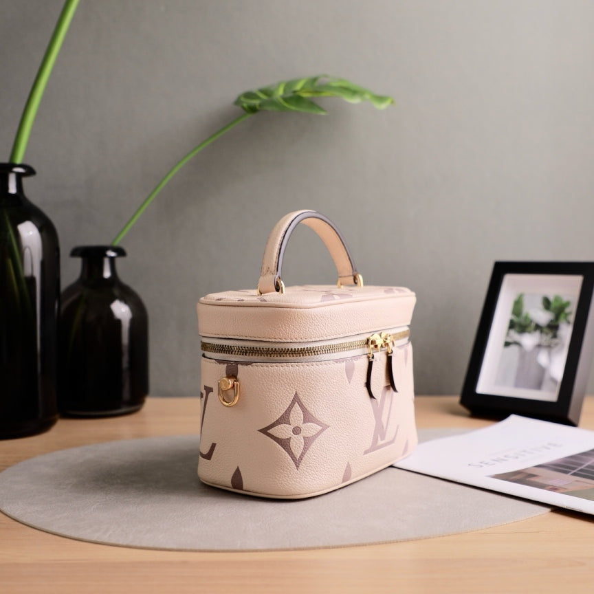 Louis Vuitton Mini Vanity Case, Giant Monogram Empreinte Leather, Cream Dune, Top Handle with Detachable Chain & Leather Crossbody Strap