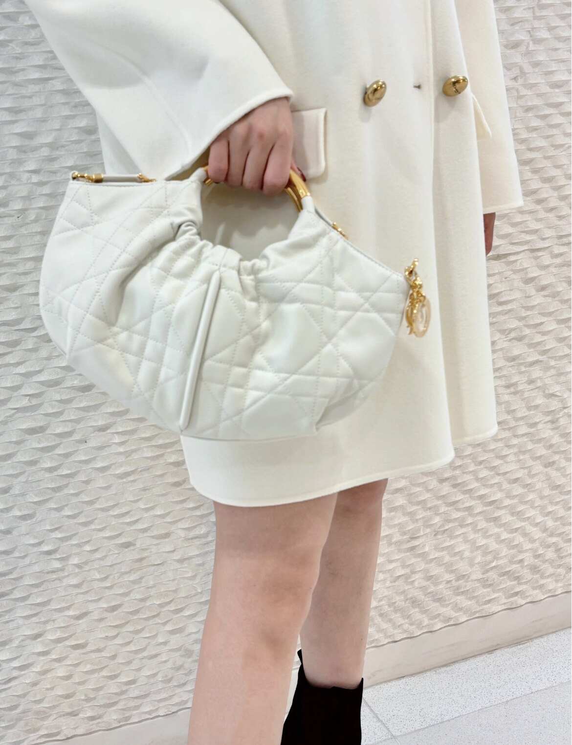Dior Medium DiorDream Hobo Bag, White Quilted Cannage Suede, Gold Metal Handle Hardware