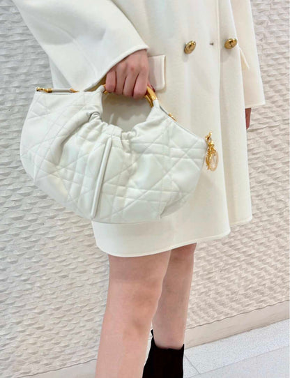 Dior Medium DiorDream Hobo Bag, White Quilted Cannage Suede, Gold Metal Handle Hardware