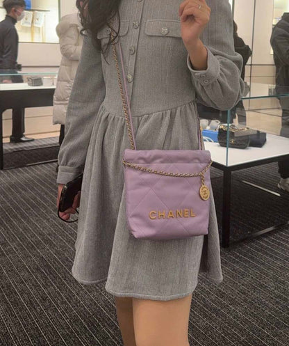 Chanel Mini 22 Handbag, 24P Cruise Collection, Lavender Shiny Lambskin, Gold-tone Metal Hardware