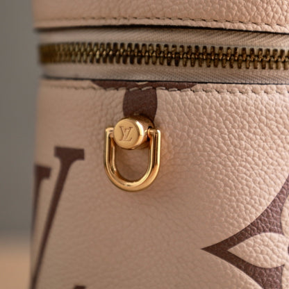 Louis Vuitton Mini Vanity Case, Giant Monogram Empreinte Leather, Cream Dune, Top Handle with Detachable Chain & Leather Crossbody Strap