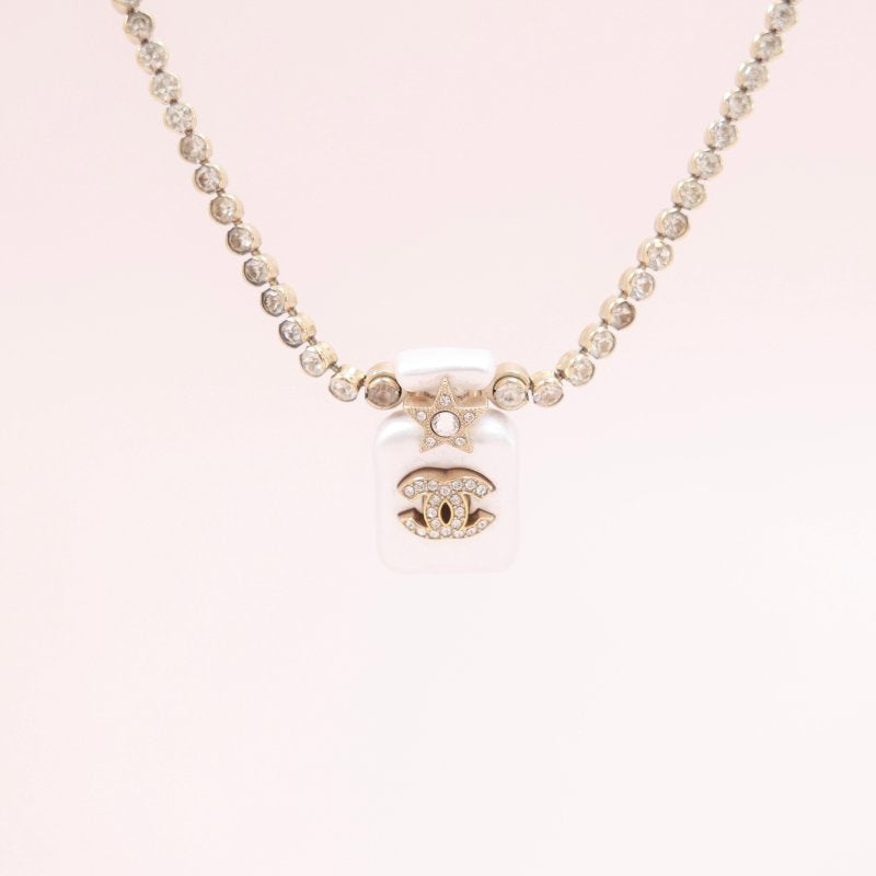 Chanel Perfume Bottle Pendant Necklace, Crystal & Imitation Pearl, Gold-tone Metal Setting
