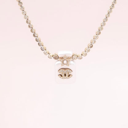 Chanel Perfume Bottle Pendant Necklace, Crystal & Imitation Pearl, Gold-tone Metal Setting