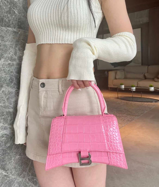 Balenciaga Small Hourglass Top Handle Bag, Pink Shiny Crocodile Embossed Calfskin, Silver Crystal B Logo Hardware, Detachable Crossbody Strap