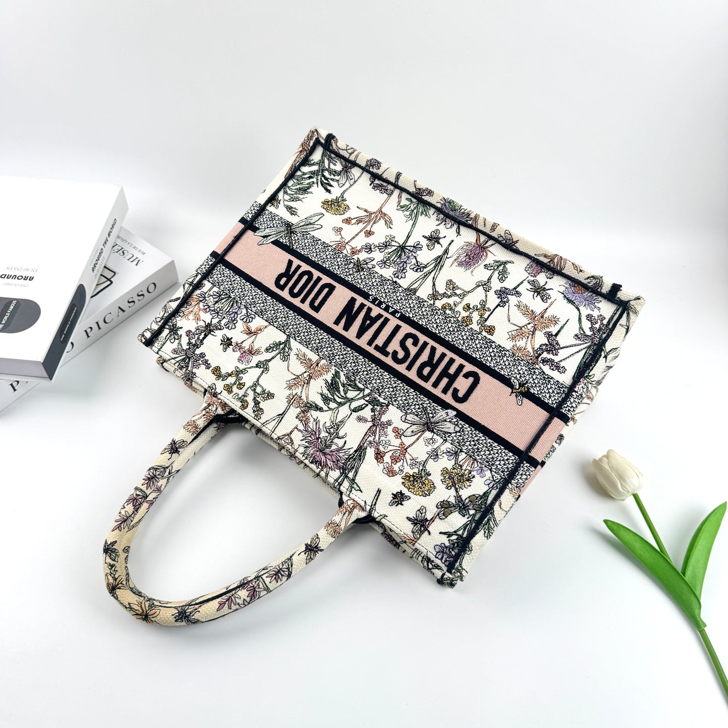 Dior Medium Book Tote Bag, Wildflower Dragonfly Embroidery Canvas