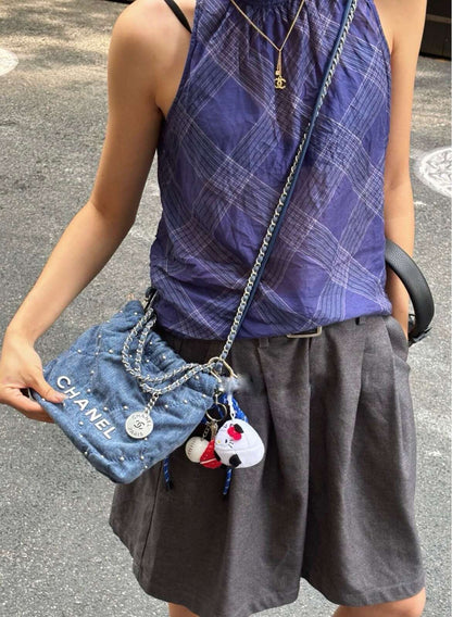 Chanel Mini 22 Handbag, Washed Denim with Stud Detail, Silver-Tone Metal Hardware（24S Collection）