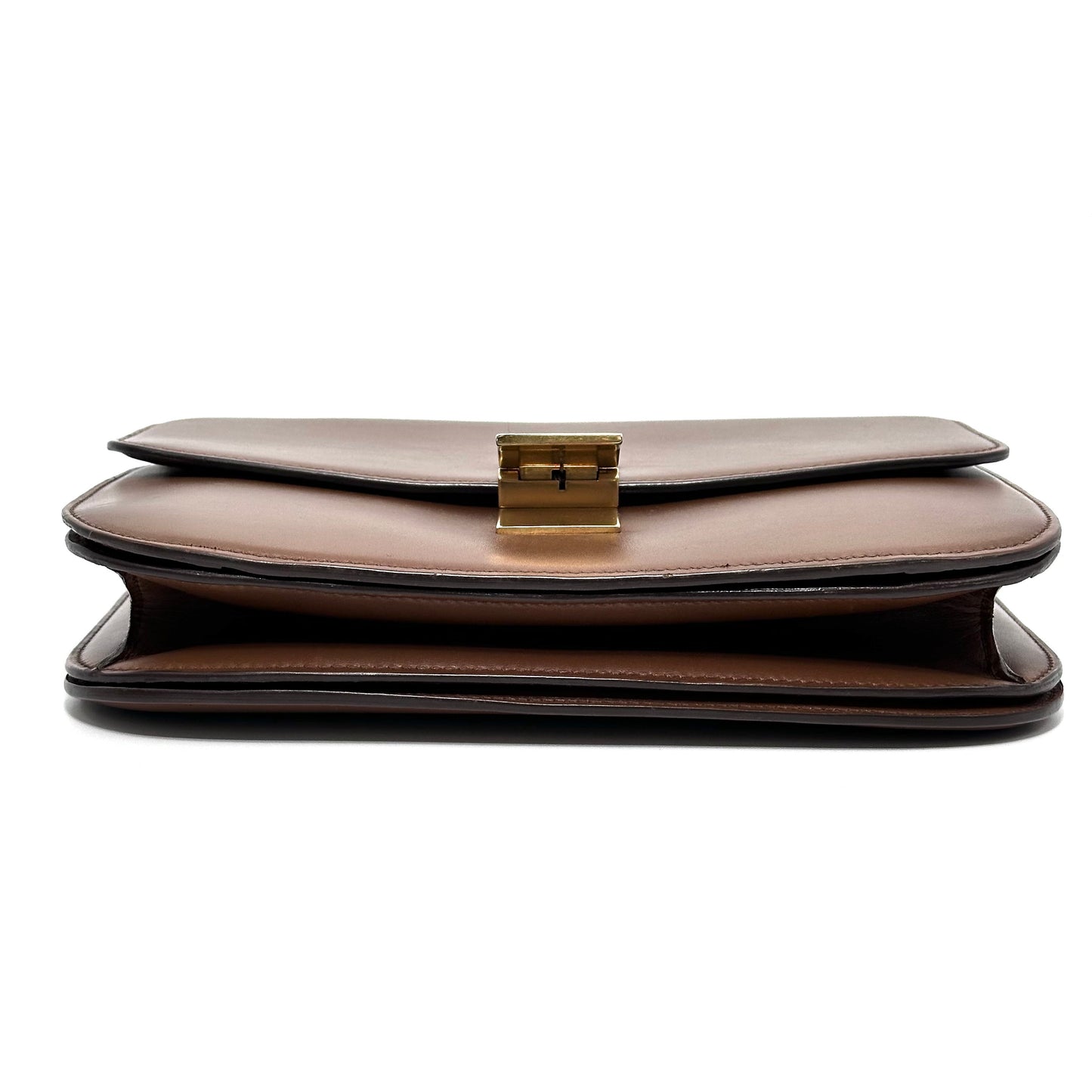 Celine Medium Classic Box Flap Bag, Brown Smooth Calfskin, Gold-tone Clasp Hardware, Detachable Shoulder Strap