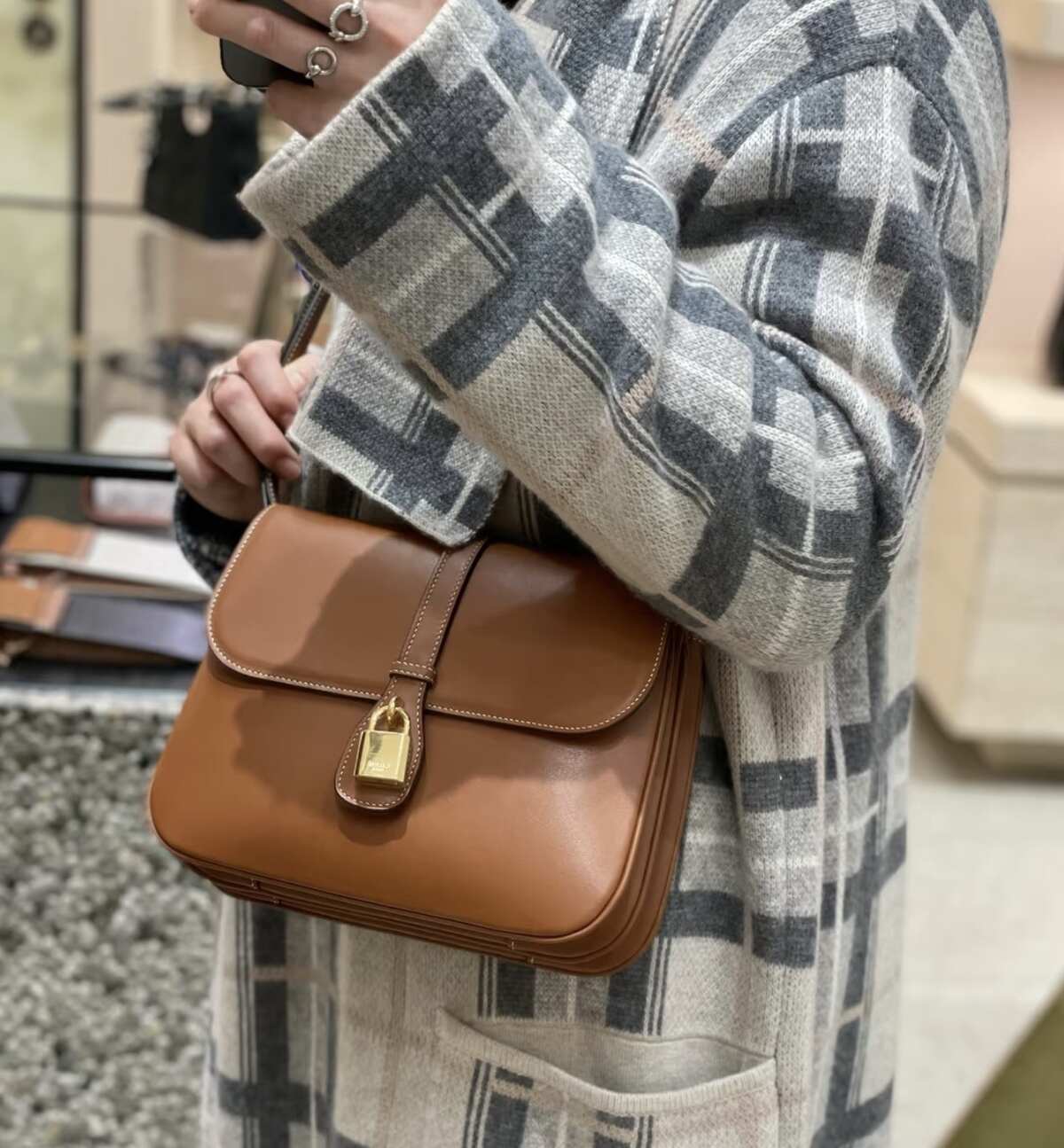 Celine Medium Tabou Shoulder Bag in Brown Smooth Calfskin, Gold Padlock Hardware