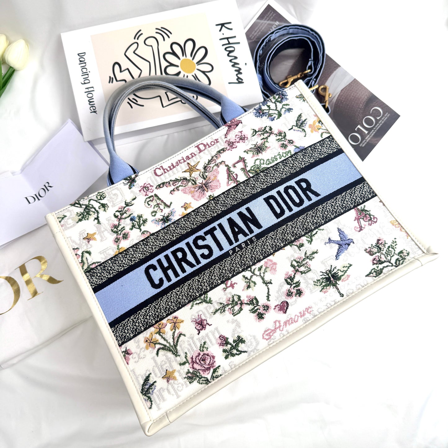 Dior Medium Book Tote, Multicolor Floral Embroidery Jacquard Canvas