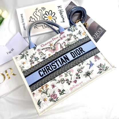 Dior Medium Book Tote, Multicolor Floral Embroidery Jacquard Canvas