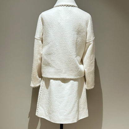 Dior White Wool Tweed Two-Piece Set, Lace Trim Jacket & Mini Skirt with Black Bow & Button Details