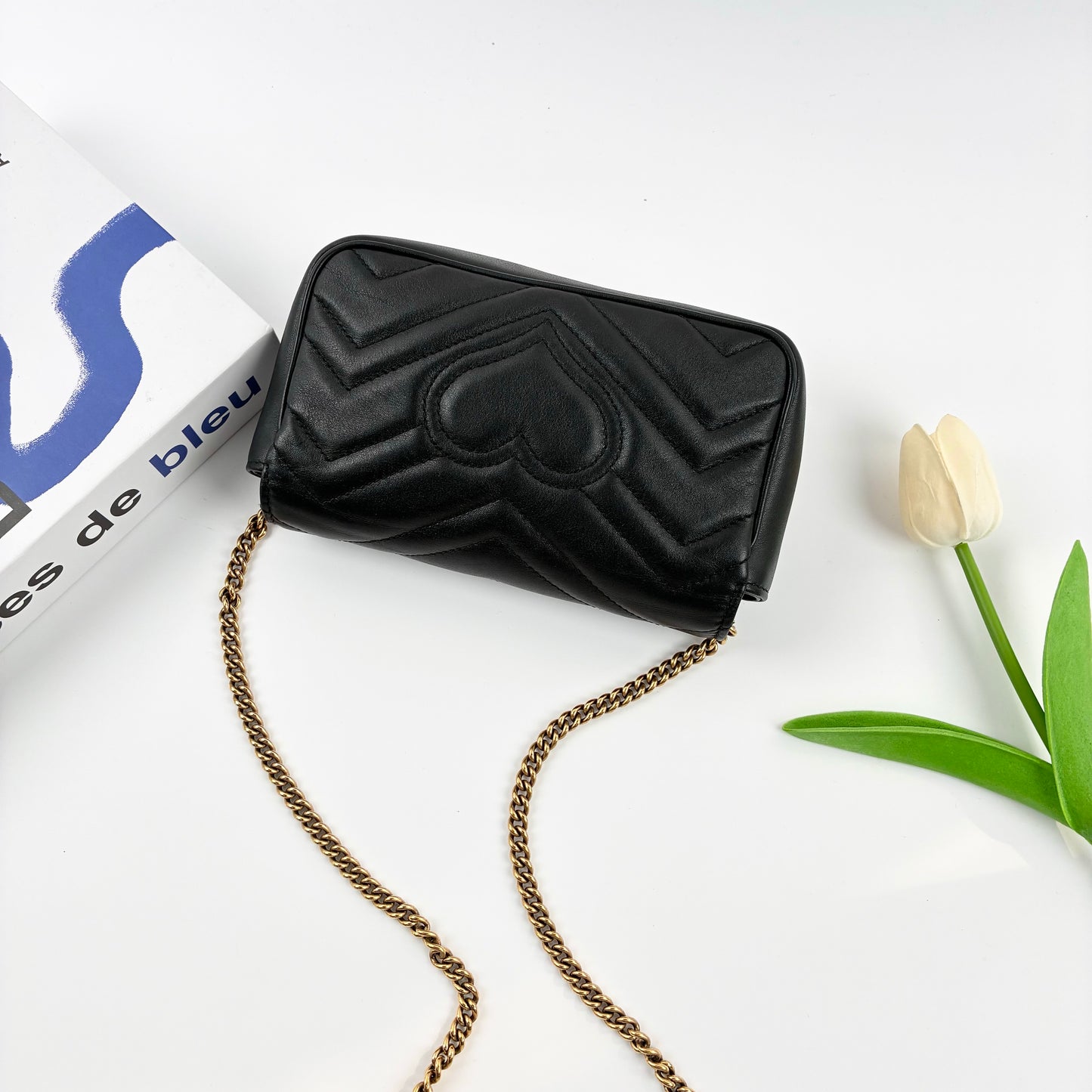 Gucci Super Mini GG Marmont Shoulder Bag, Black Chevron Quilted Matelassé Calfskin, Antique Gold Double G Hardware