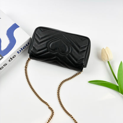 Gucci Super Mini GG Marmont Shoulder Bag, Black Chevron Quilted Matelassé Calfskin, Antique Gold Double G Hardware