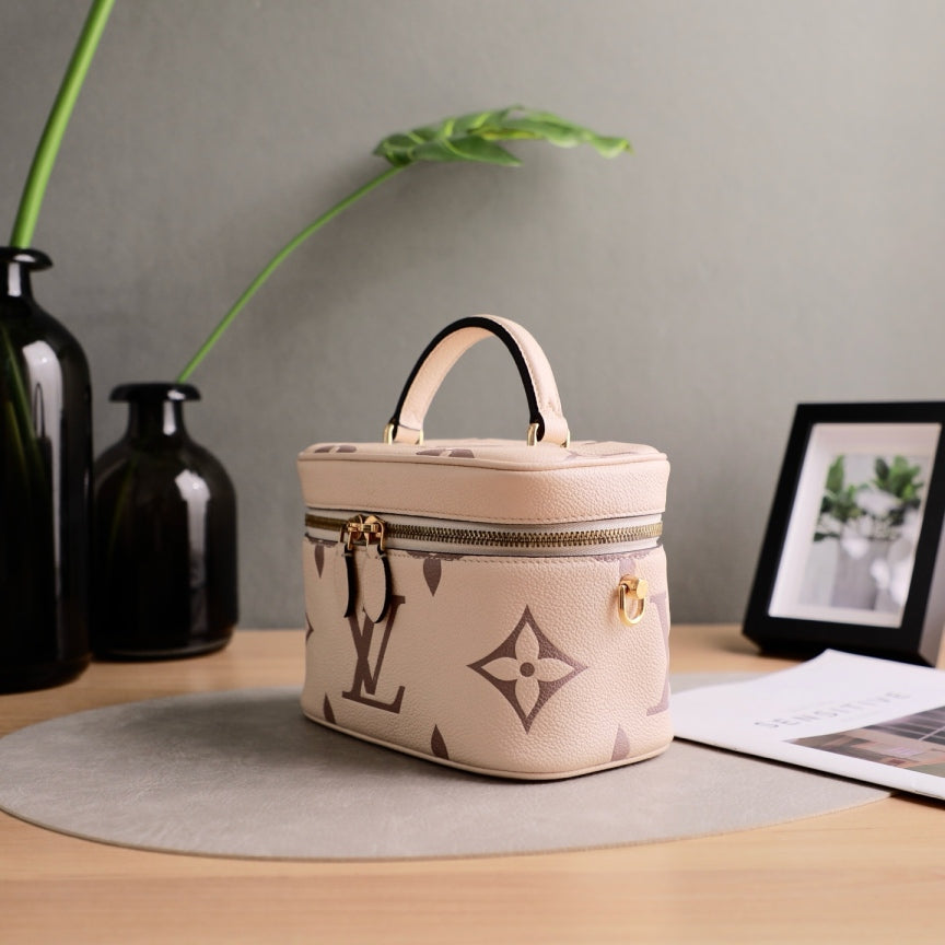 Louis Vuitton Mini Vanity Case, Giant Monogram Empreinte Leather, Cream Dune, Top Handle with Detachable Chain & Leather Crossbody Strap