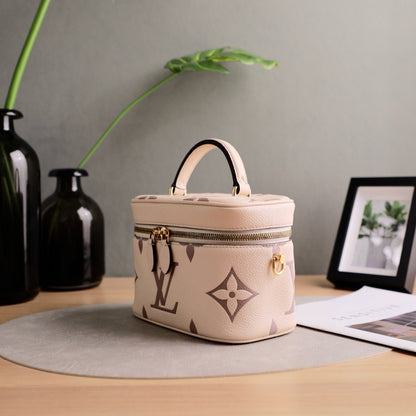 Louis Vuitton Mini Vanity Case, Giant Monogram Empreinte Leather, Cream Dune, Top Handle with Detachable Chain & Leather Crossbody Strap