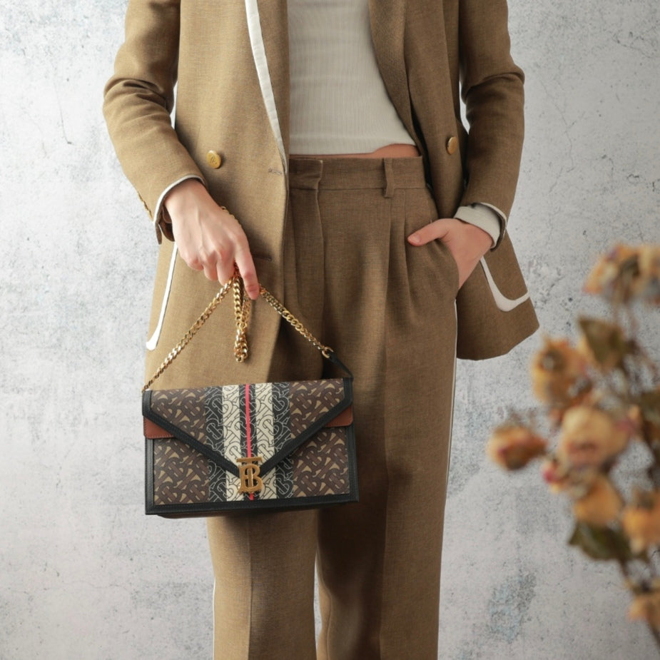 Burberry TB Monogram Envelope Chain Crossbody Bag, Stripe Printed Coated Canvas & Leather Trim, Gold-tone TB Logo Hardware