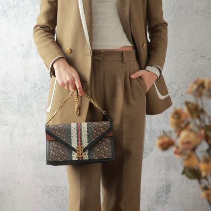 Burberry TB Monogram Envelope Chain Crossbody Bag, Stripe Printed Coated Canvas & Leather Trim, Gold-tone TB Logo Hardware