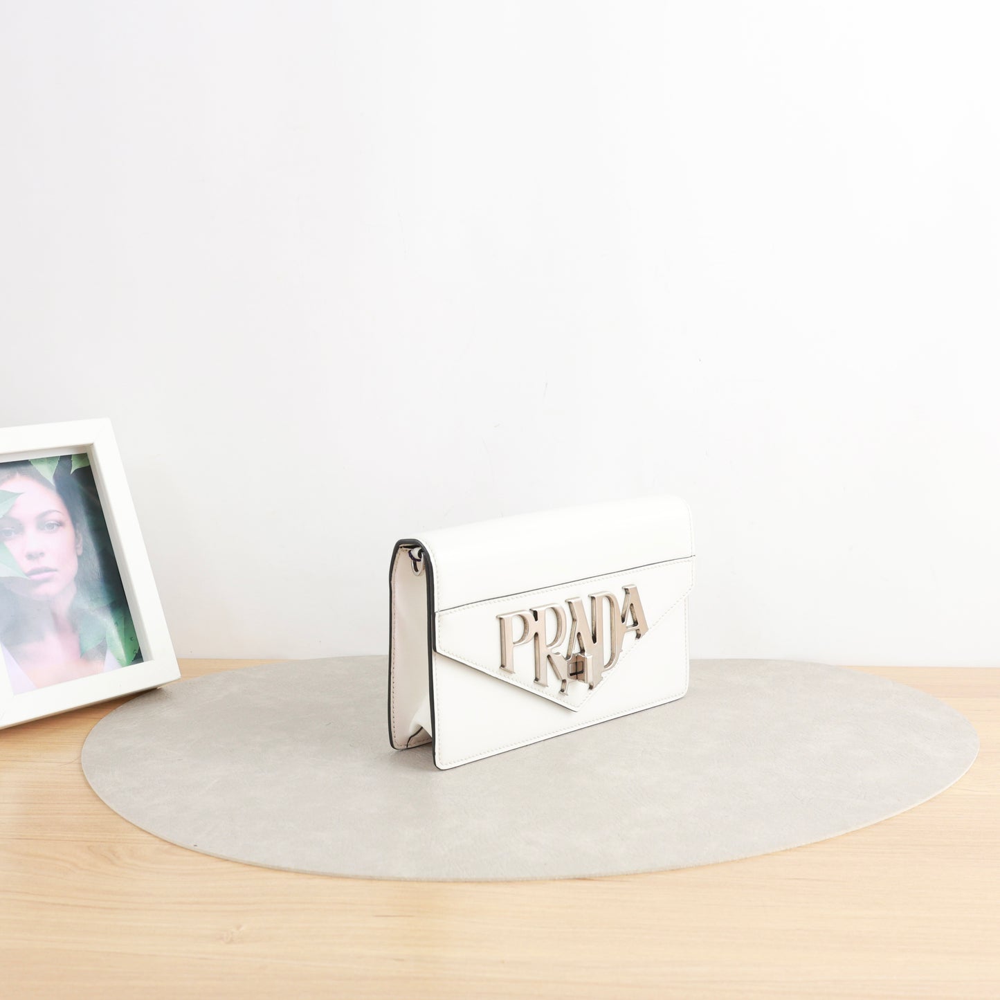 Prada Envelope Chain Shoulder Bag, White Smooth Calfskin, Large Metallic Gothic Logo Hardware