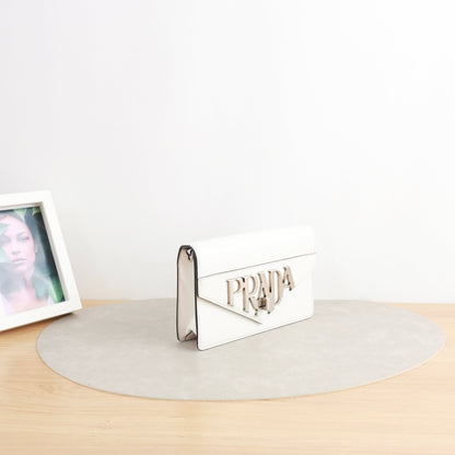 Prada Envelope Chain Shoulder Bag, White Smooth Calfskin, Large Metallic Gothic Logo Hardware