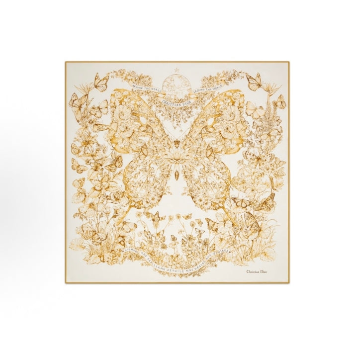 Dior Christmas Limited Edition Toile de Jouy Butterfly Square Silk Scarf, White & Gold, 2023 Holiday Collection