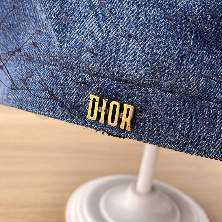 Dior Arty Beret, Blue Denim Cotton with Black Veil Netting, Gold Metal Dior Logo