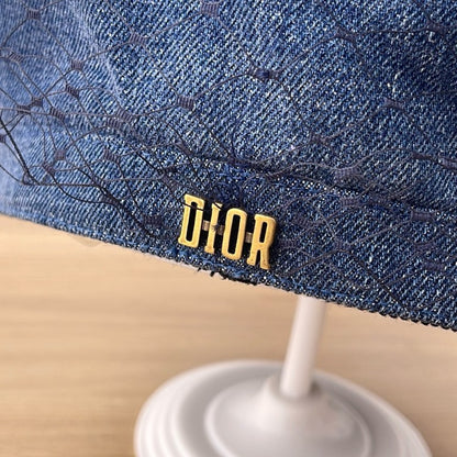 Dior Arty Beret, Blue Denim Cotton with Black Veil Netting, Gold Metal Dior Logo