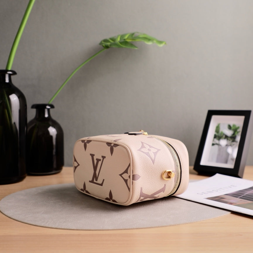 Louis Vuitton Mini Vanity Case, Giant Monogram Empreinte Leather, Cream Dune, Top Handle with Detachable Chain & Leather Crossbody Strap