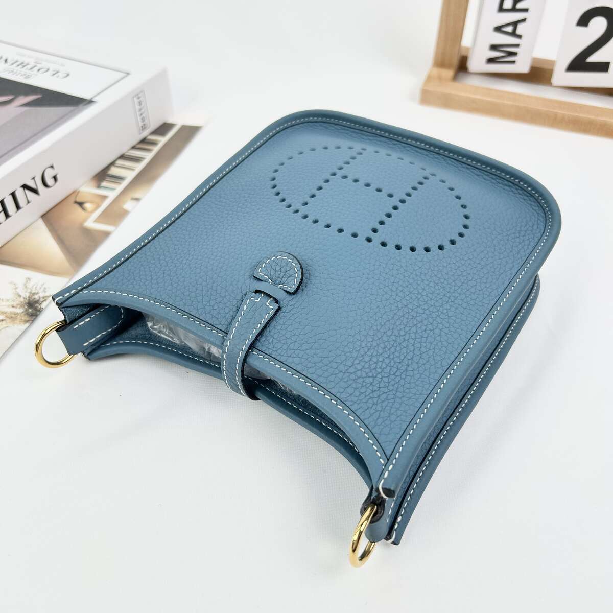 Hermès Evelyne 16, Bleu Jean Taurillon Clemence Leather, Gold Hardware, B Stamp