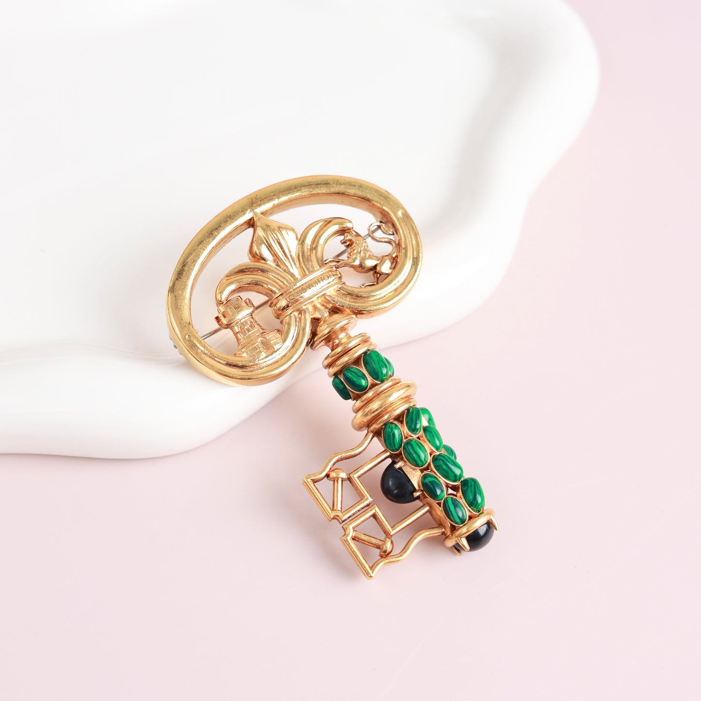 Louis Vuitton × Fornasetti Limited Edition Antique Key Convertible Brooch & Pendant Necklace, Gold Metal with Malachite Inlay, Ancient Greek Motif