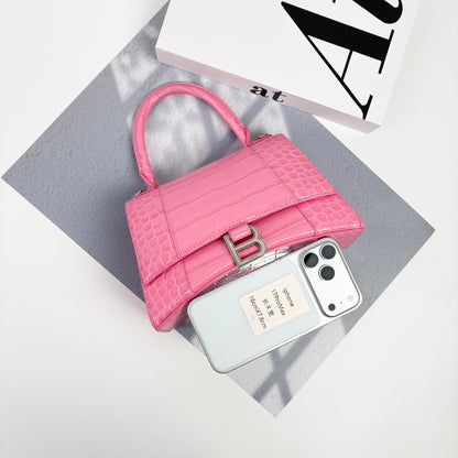 Balenciaga Small Hourglass Top Handle Bag, Pink Shiny Crocodile Embossed Calfskin, Silver Crystal B Logo Hardware, Detachable Crossbody Strap