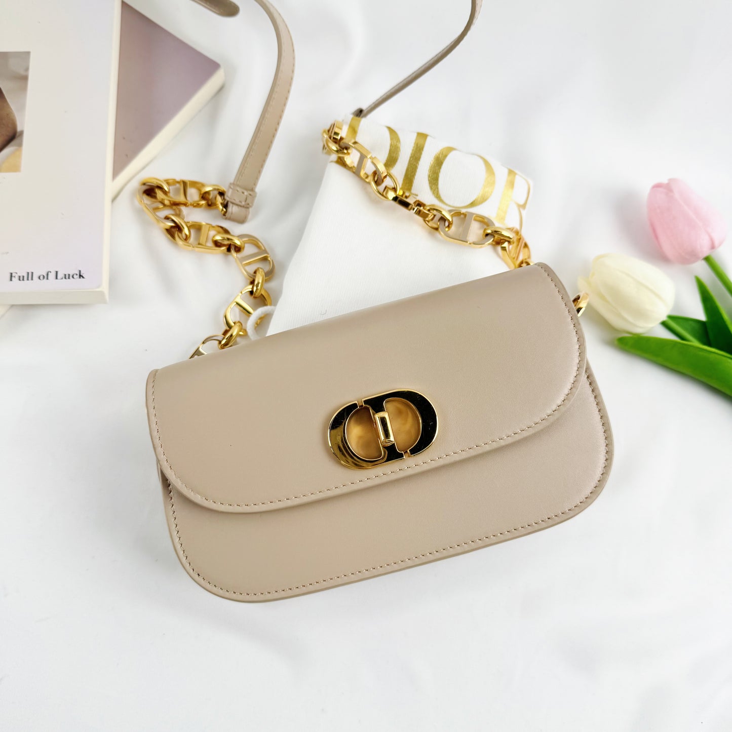 Dior Small Avenue Montaigne Bag, Beige Smooth Calfskin, Gold-tone CD Turnlock Hardware