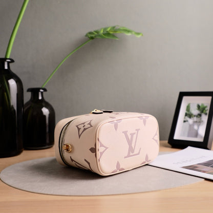 Louis Vuitton Mini Vanity Case, Giant Monogram Empreinte Leather, Cream Dune, Top Handle with Detachable Chain & Leather Crossbody Strap