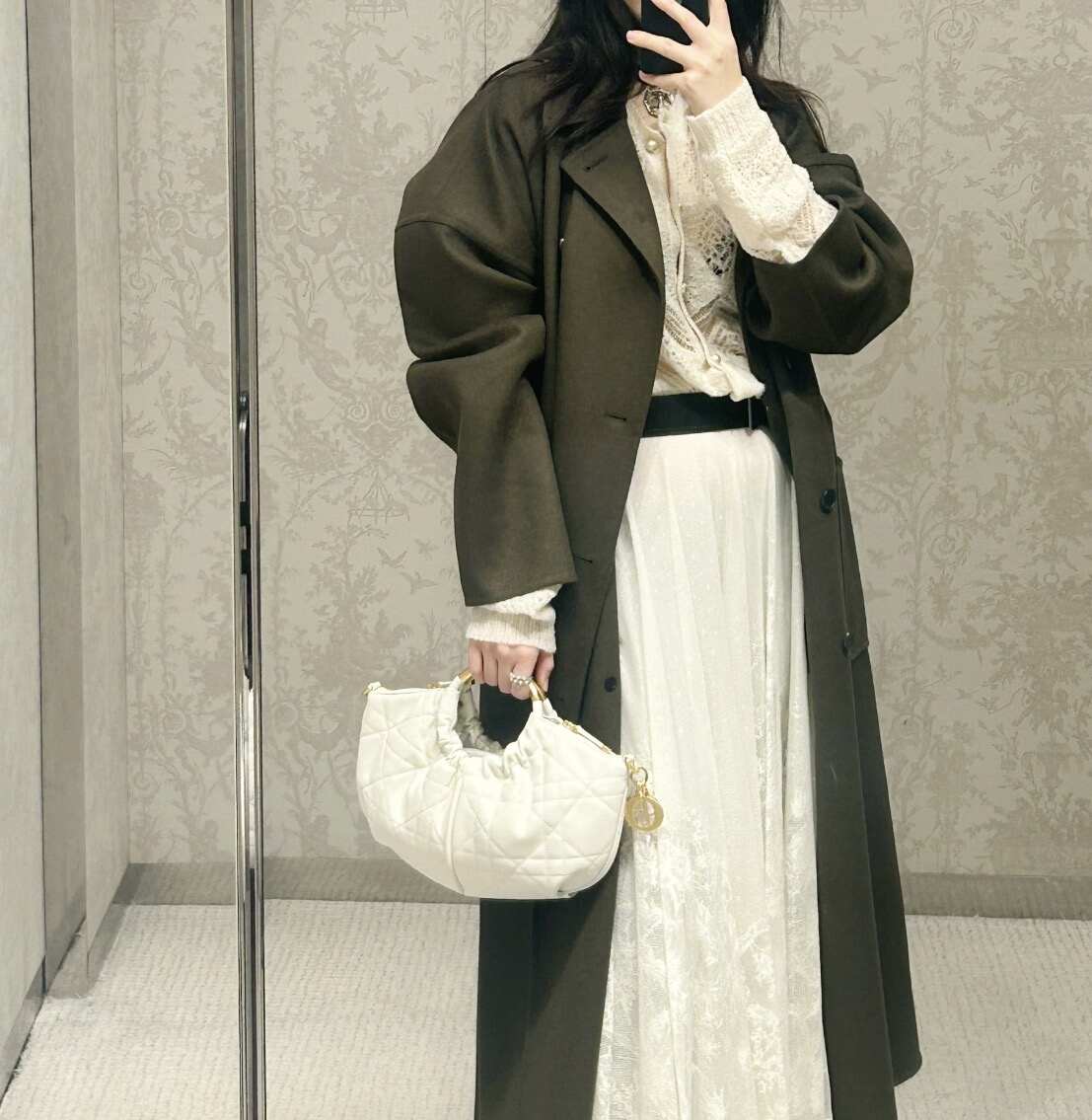 Dior Medium DiorDream Hobo Bag, White Quilted Cannage Suede, Gold Metal Handle Hardware