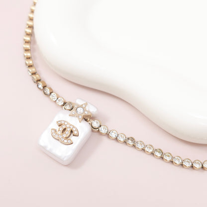 Chanel Perfume Bottle Pendant Necklace, Crystal & Imitation Pearl, Gold-tone Metal Setting