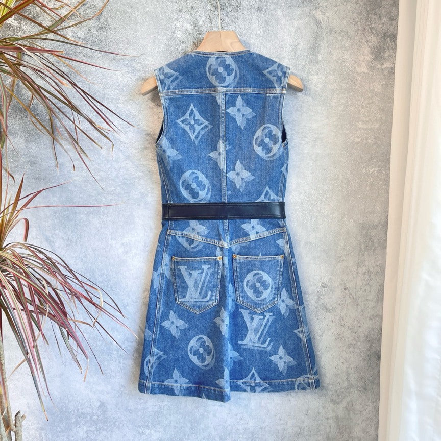 Louis Vuitton Monogram Denim Sleeveless Zip Front Mini Dress with Leather Belt