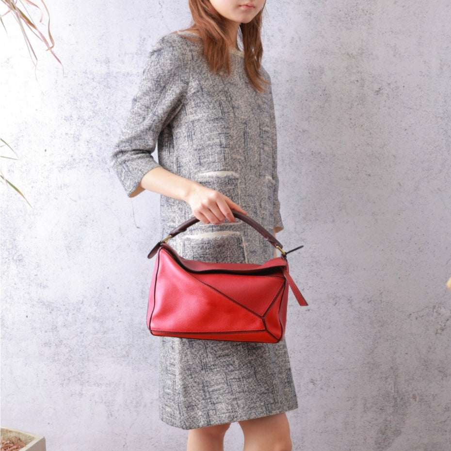 Loewe Medium Puzzle Edge Bag, Two-tone Red & Dark Brown Calfskin, Gold-tone Hardware, Top Handle with Detachable Crossbody Strap