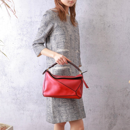 Loewe Medium Puzzle Edge Bag, Two-tone Red & Dark Brown Calfskin, Gold-tone Hardware, Top Handle with Detachable Crossbody Strap