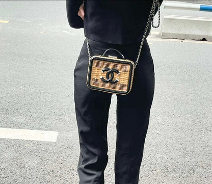 Chanel Small Vanity Case Camera Bag, 19S Cruise Collection, Raphia & Patent Calfskin, Silver-tone Metal Hardware